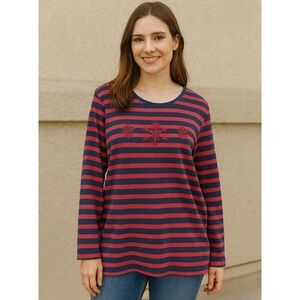 Croft & Barrow Classic Tee Womens XL Blue/Red Striped Long Sleeve Beaded Casual